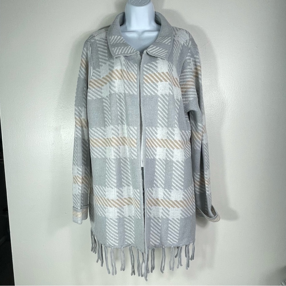 Adrienne Vittadini plaid knit cardigan with a fringe hem